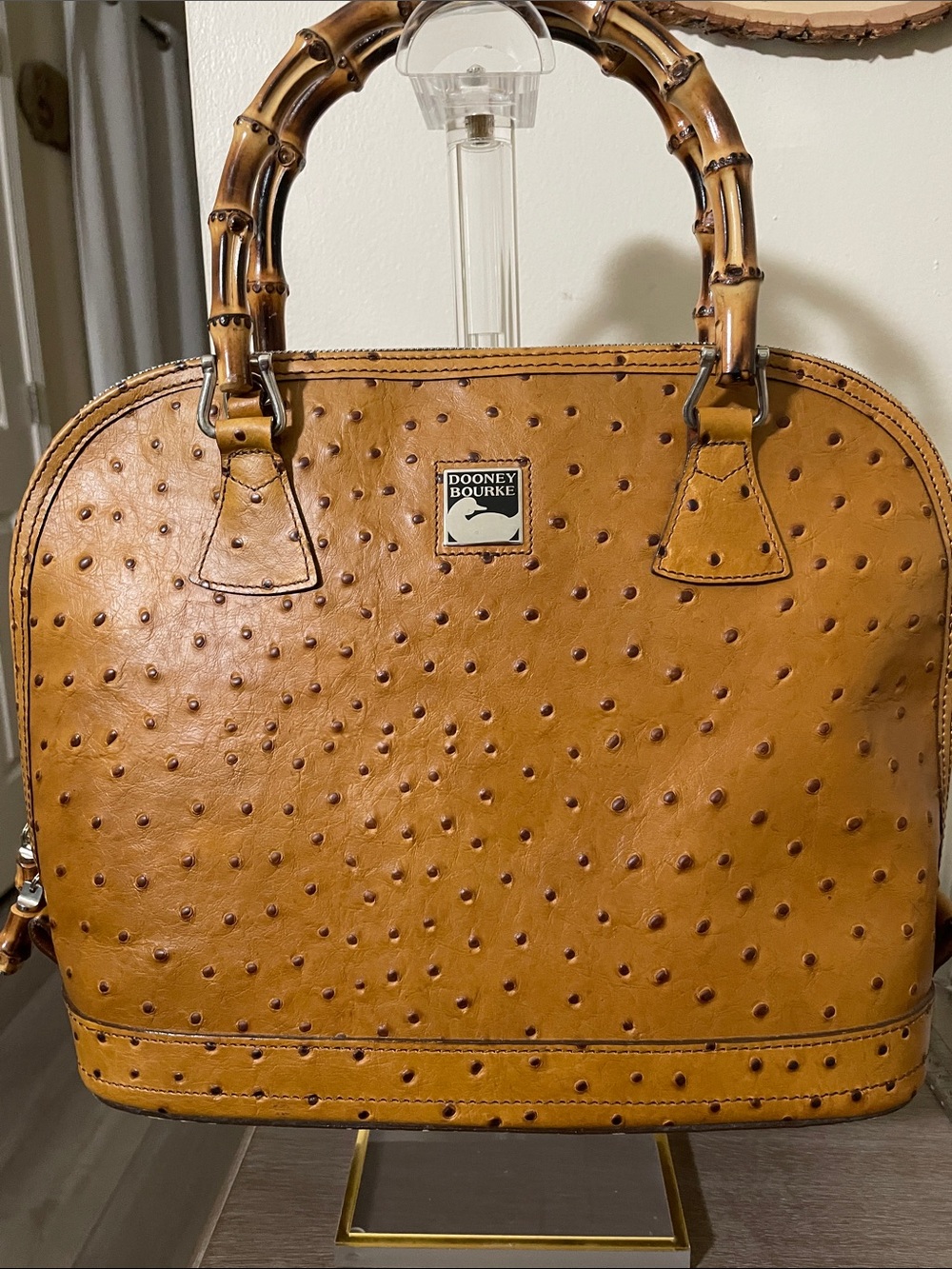 Dooney & Bourke Camel Ostrich-Embossed Satchel/ Crossbody with Bamboo Handles
